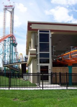 Wheelchair lift with outdoor enclosure at Valleyfair amusement park in Shakopee, MN