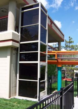 Wheelchair lift with outdoor enclosure at Valleyfair amusement park in Shakopee, MN